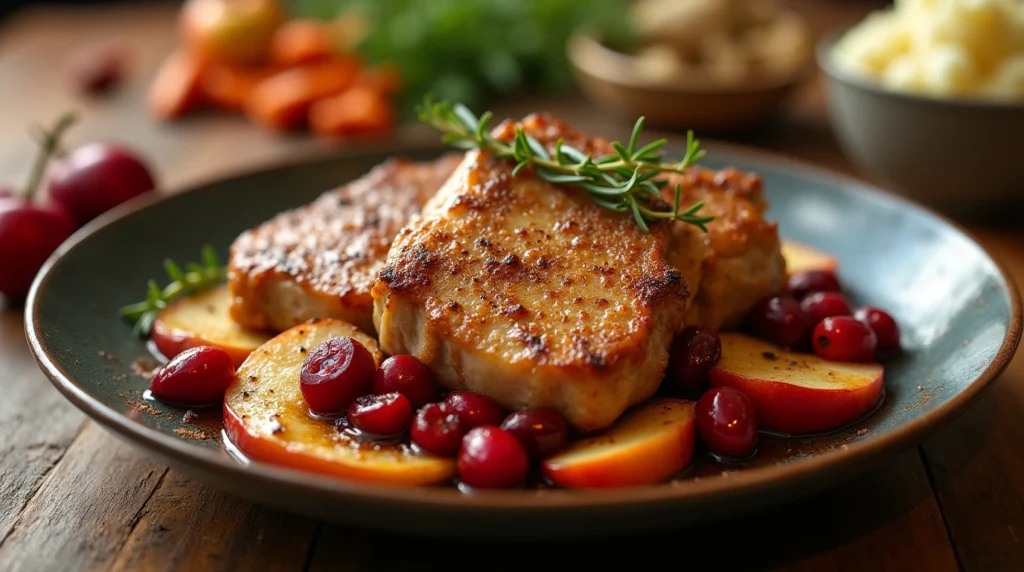 ender Cooker Pork Chops with Cranberry and Apple, garnished with fresh thyme and served with a glossy sauce, caramelized apples, and vibrant cranberries