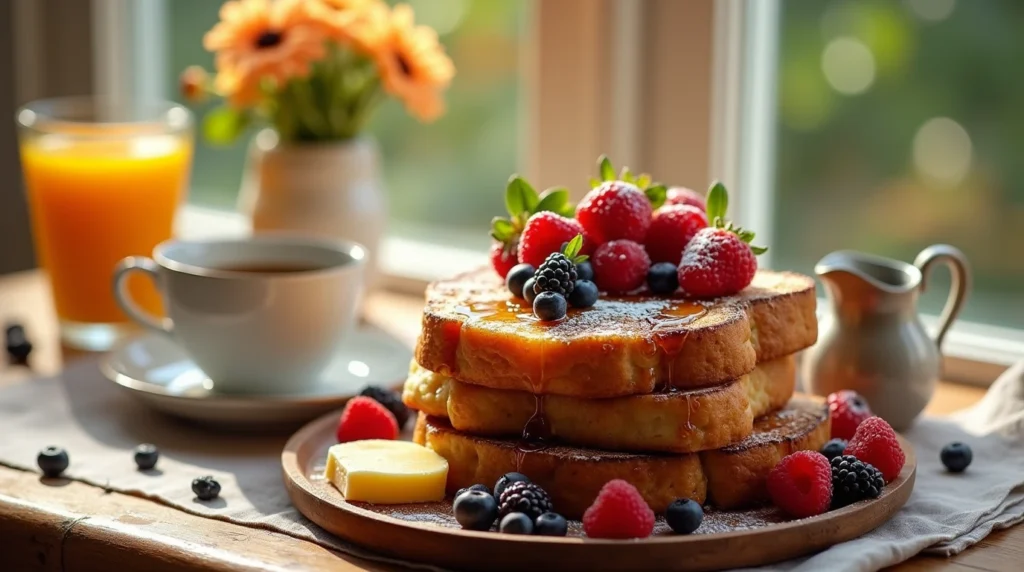 Golden-brown French Toast topped with fresh berries and powdered sugar