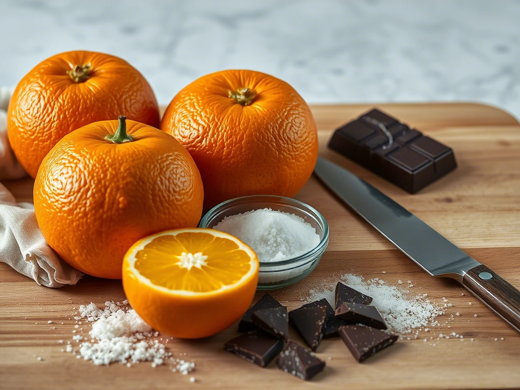 A collection of ingredients including oranges, sugar, water, and dark chocolate bars laid out on a kitchen counter