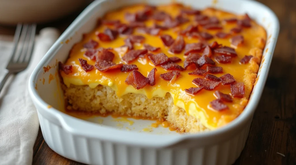 A freshly baked bacon, egg, and hashbrown casserole in a white ceramic dish, topped with crispy bacon and melted cheese, with a slice cut out.