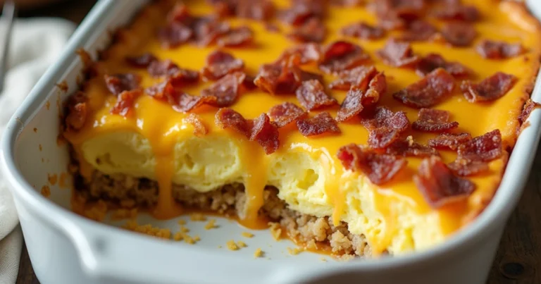 A close-up of a slice of bacon egg and hashbrown casserole on a plate, showing layers of crispy hashbrowns, fluffy eggs, and gooey melted cheese