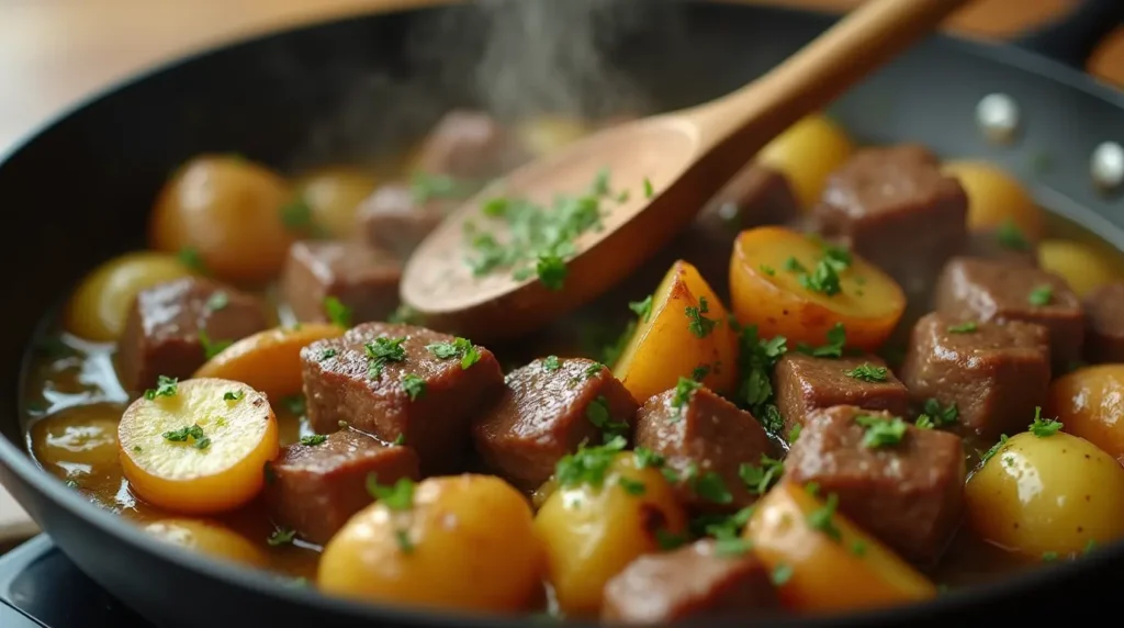 Steak bites and crispy potatoes being tossed in a skillet with a bubbling garlic butter sauce and fresh parsley