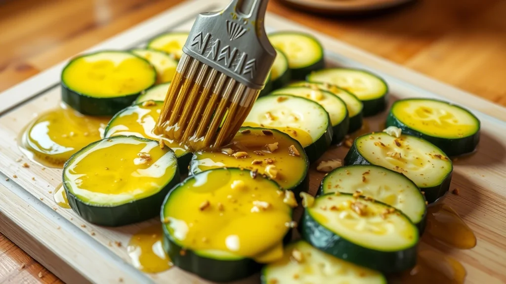 Zucchini steaks being brushed with a garlic and olive oil mixture, ready for roasting