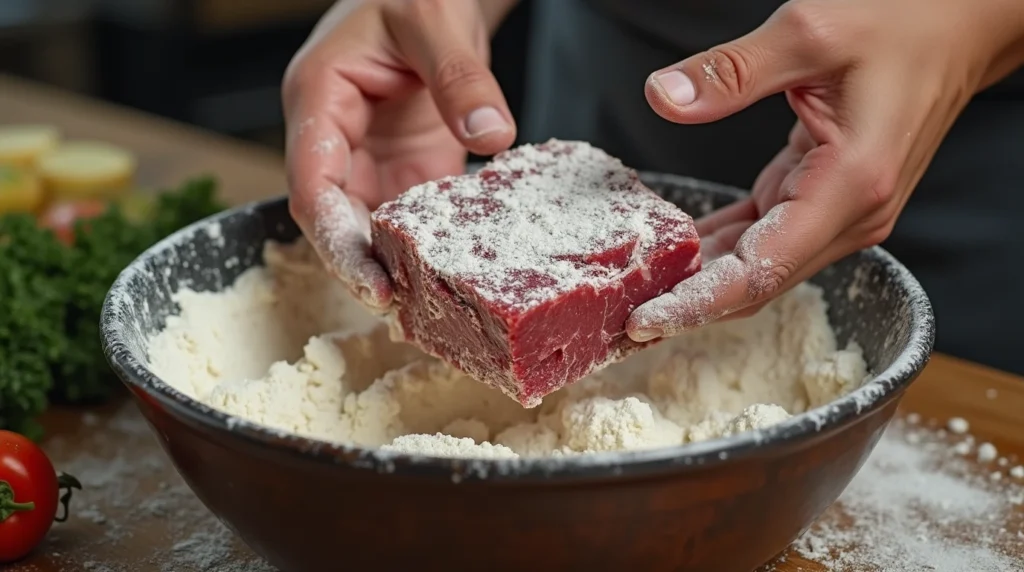 A deer meat cube steak being coated in seasoned flour by hand on a wooden kitchen counter.