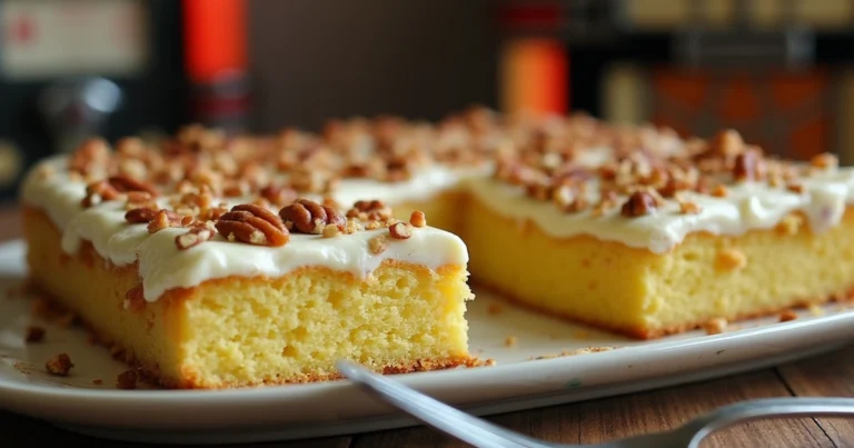 A rich and moist Elvis Presley Sheet Cake with a golden pineapple glaze, creamy vanilla pudding, and smooth cream cheese frosting, topped with crunchy pecans