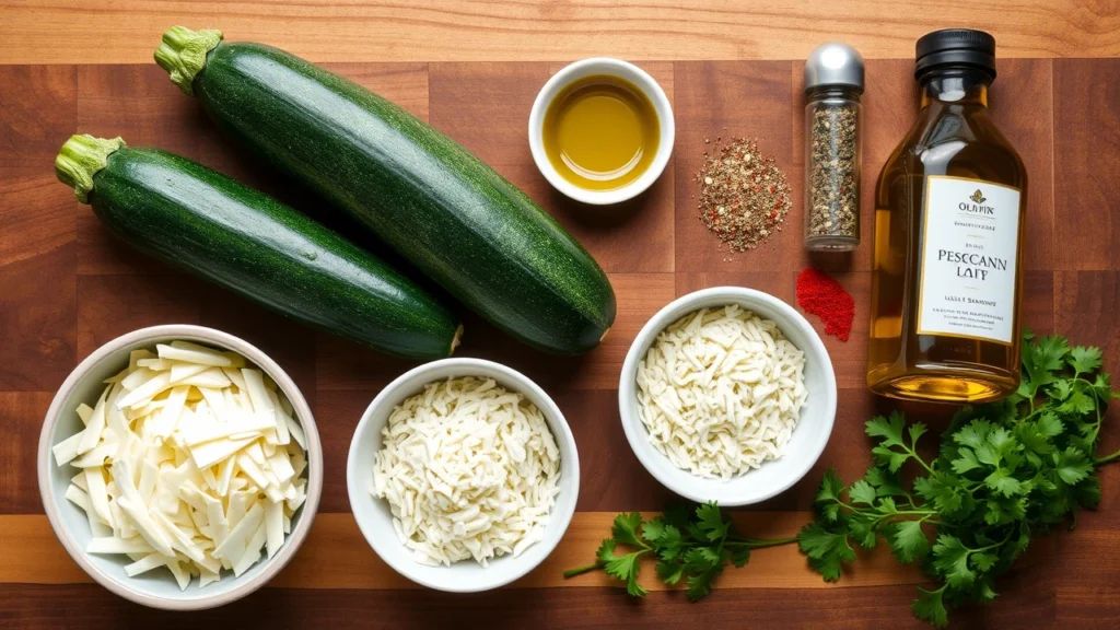 Fresh ingredients for cheesy garlic zucchini steaks, including zucchini, mozzarella, Parmesan, garlic, and spices, arranged on a wooden counter.