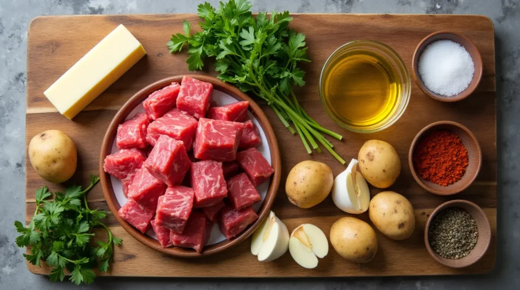 aw sirloin steak cubes, halved baby potatoes, fresh garlic cloves, butter, olive oil, parsley, and seasonings arranged on a wooden board