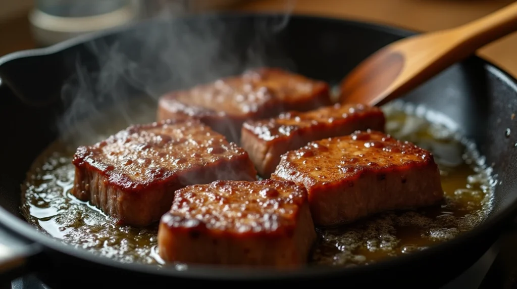 Golden-brown deer meat cube steaks sizzling in a cast-iron skillet, with bubbling oil and rising steam.