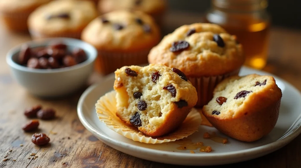 Freshly baked GAPS Raisin Muffins on a white plate, golden brown and studded with raisins, with a moist, fluffy texture and a drizzle of honey on top.