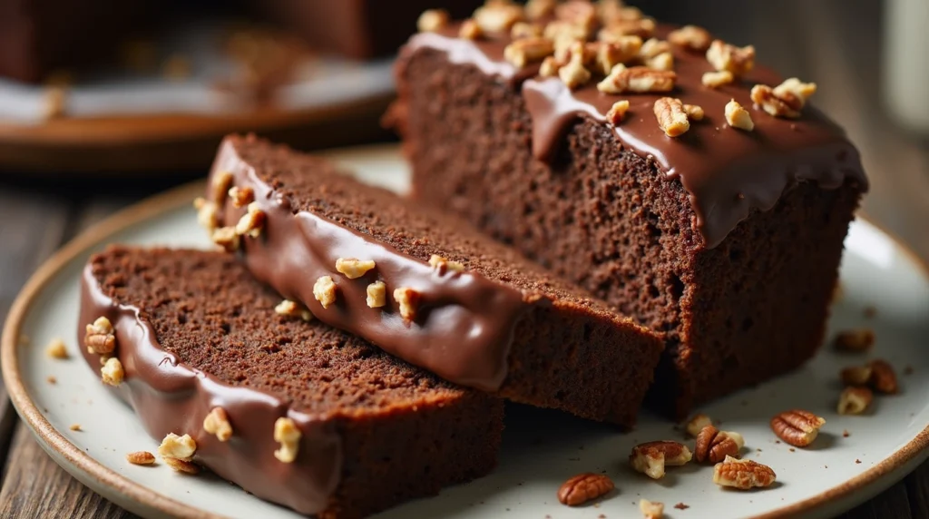 German Chocolate Pecan Pound Cake sliced, showing rich layers of chocolate and pecans, with a rustic kitchen setting in the background