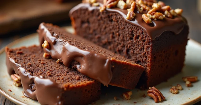 German Chocolate Pecan Pound Cake sliced, showing rich layers of chocolate and pecans, with a rustic kitchen setting in the background