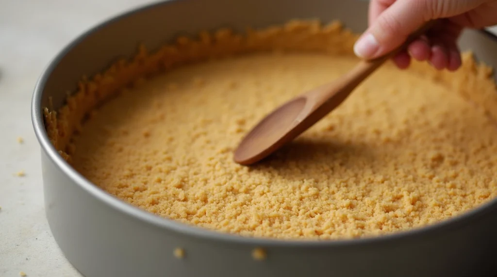 A hand pressing a graham cracker and butter mixture into a springform pan for a cheesecake crust.