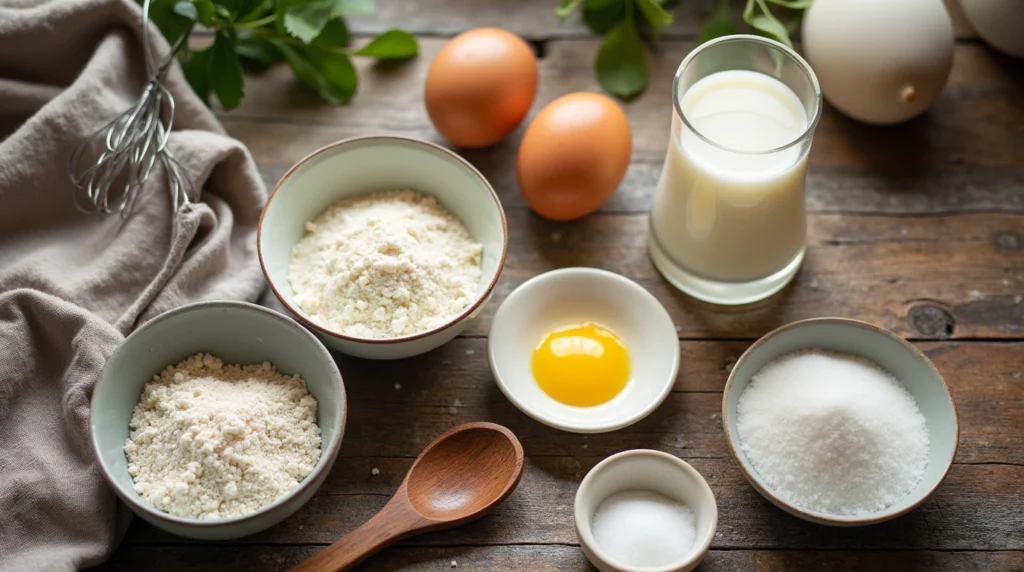 Flat lay of crepe ingredients including flour, eggs, milk, melted butter, and a whisk on a wooden countertop with natural lighting