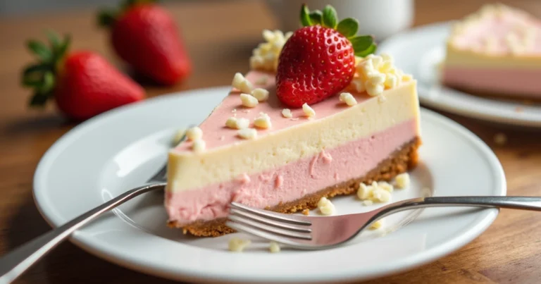 A slice of creamy Jello no bake cheesecake with white chocolate shavings and fresh strawberries on a white plate.