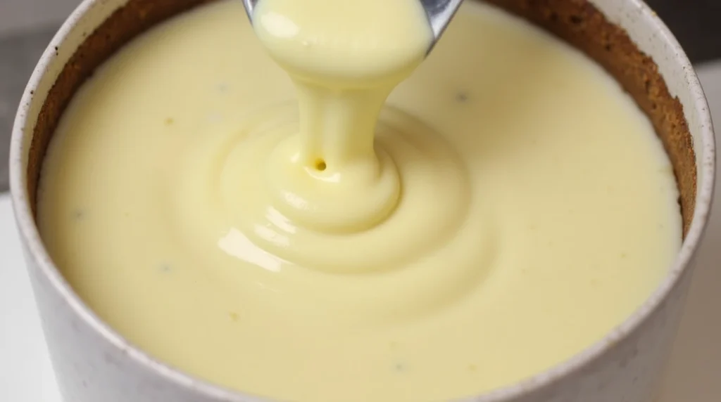 Melted white chocolate being poured into a creamy cheesecake mixture, creating a rich swirl.

