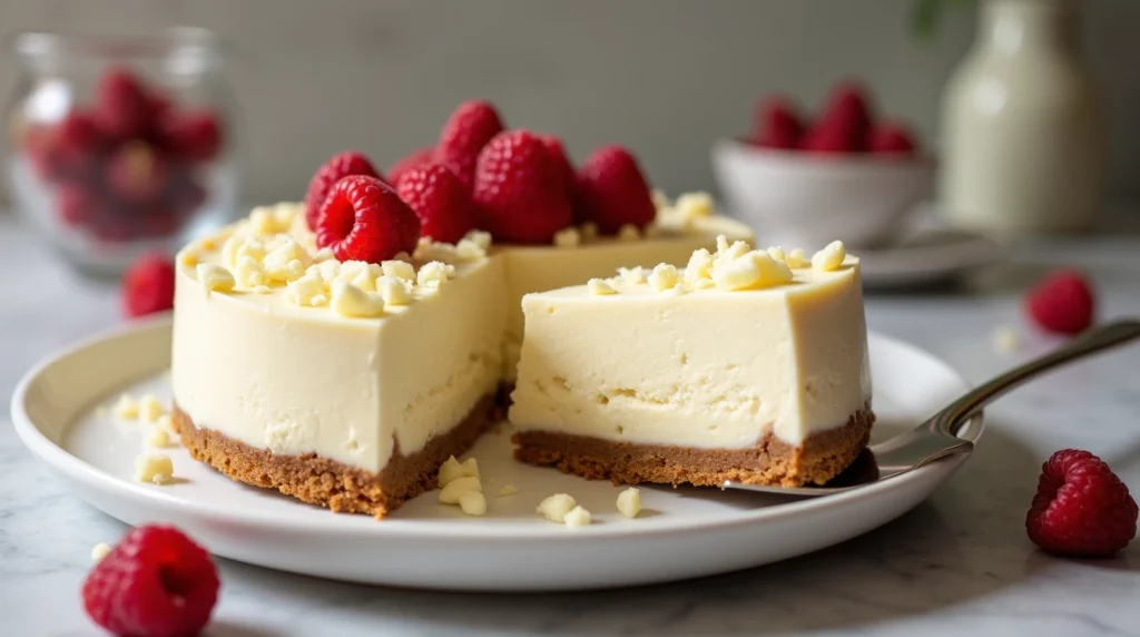 A creamy no-bake white chocolate cheesecake with a golden biscuit crust, topped with white chocolate shavings and fresh raspberries on a white plate