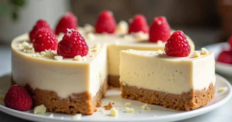 A creamy no-bake white chocolate cheesecake with a golden biscuit crust, topped with white chocolate shavings and fresh raspberries on a white plate