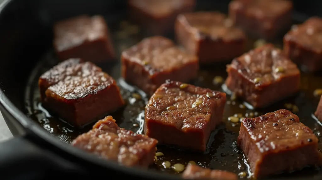 Bite-sized steak pieces sizzling in a hot cast iron skillet, seared to a deep brown with melted butter and garlic.