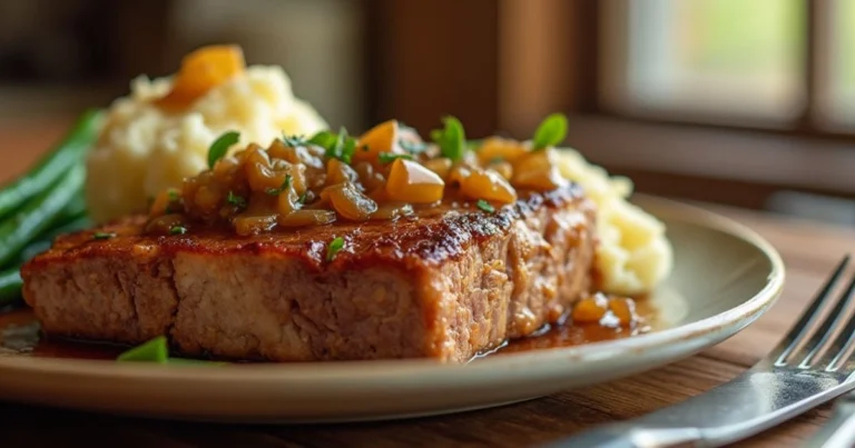 A plate of crispy deer meat cube steak topped with onion gravy, served with mashed potatoes and green beans on a rustic wooden table.