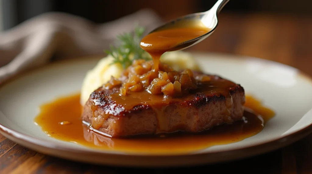 A spoon pouring thick, glossy onion gravy over crispy deer meat cube steak on a plate