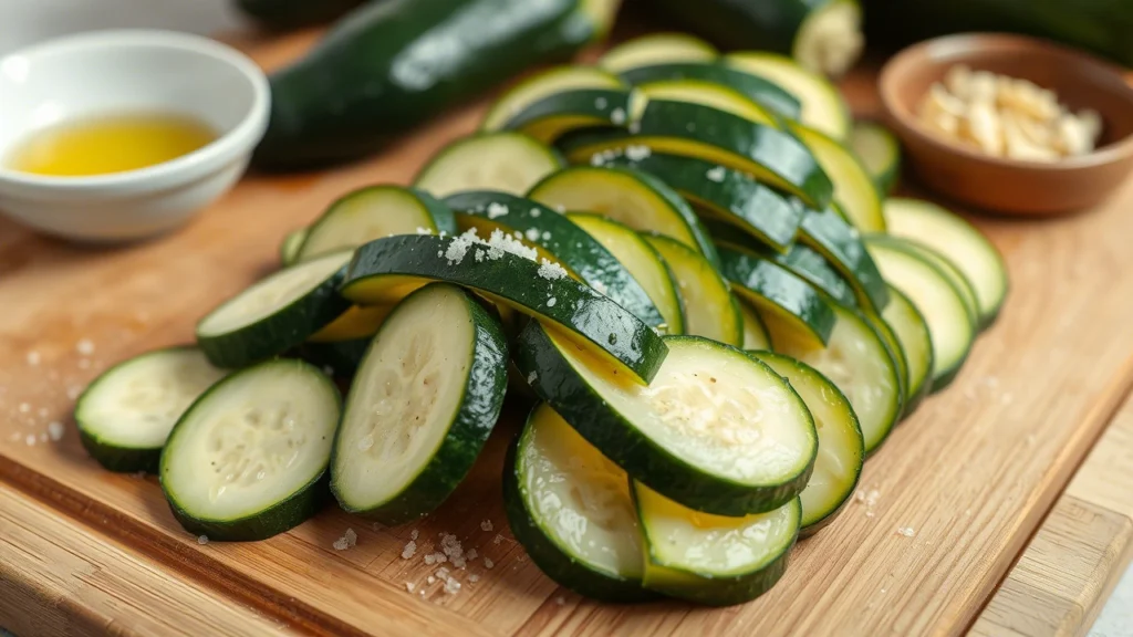 Thick slices of zucchini on a wooden board, sprinkled with salt, ready for cooking