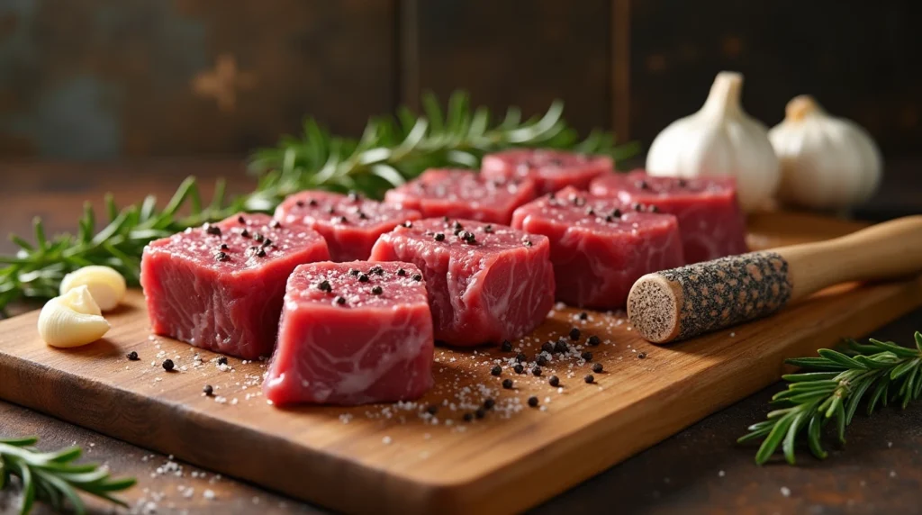 Raw deer meat cube steaks on a wooden cutting board, seasoned with salt, pepper, and garlic powder, with a meat mallet beside them.