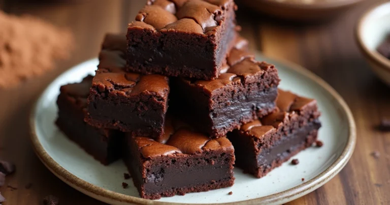 A close-up of fudgy sourdough brownies with a crackly top, stacked on a rustic plate with cocoa powder and chocolate chunks in the background.