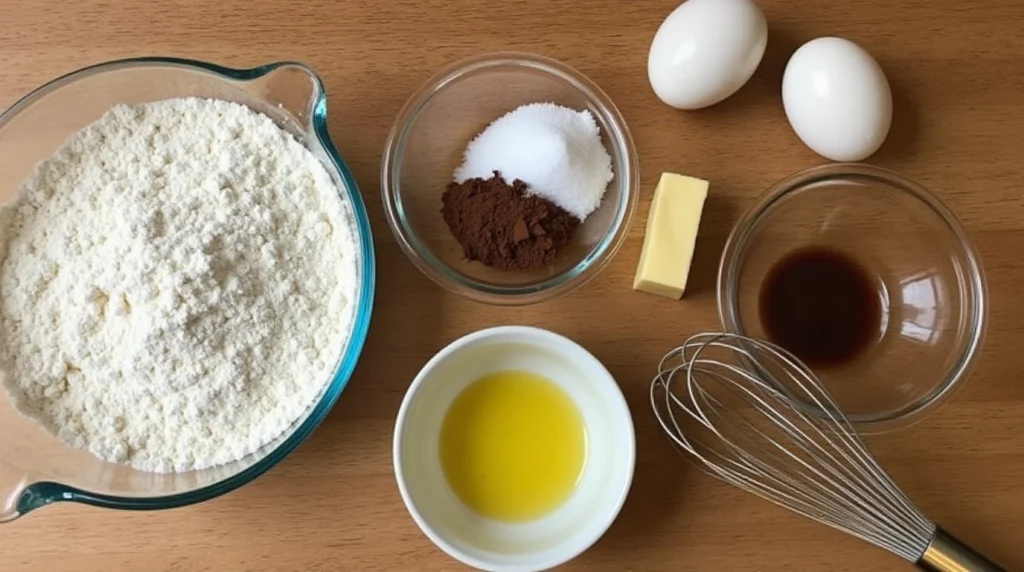 A flat-lay of ingredients for sourdough brownies, including flour, cocoa powder, eggs, butter, sugar, and sourdough discard on a wooden counter.