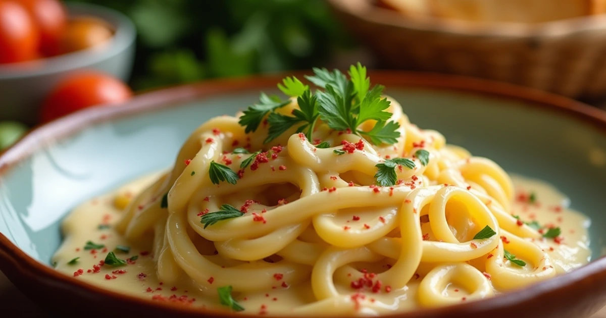 A beautifully plated Turkish pasta dish in a rustic ceramic bowl, topped with creamy yogurt sauce, red pepper flakes, and fresh parsley. A side of Turkish bread and a glass of ayran complete the meal, set on a warm, inviting table.