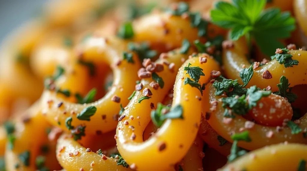 A close-up of Turkish pasta garnished with dried mint, Aleppo pepper flakes, and freshly chopped parsley, showcasing the vibrant colors and rich textures of the dish