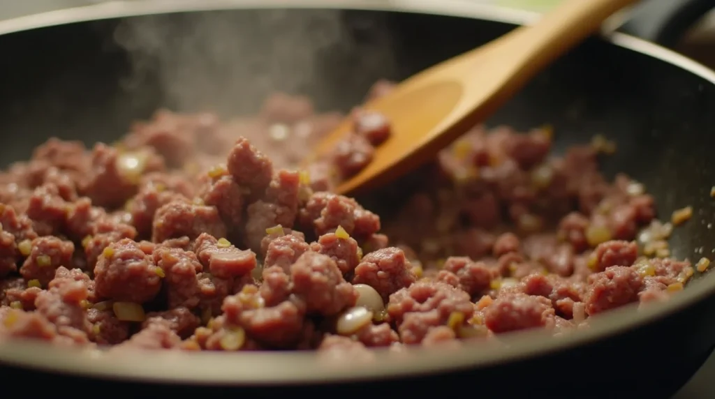 round beef cooking in a skillet with onions and garlic, being stirred with a wooden spoon.

