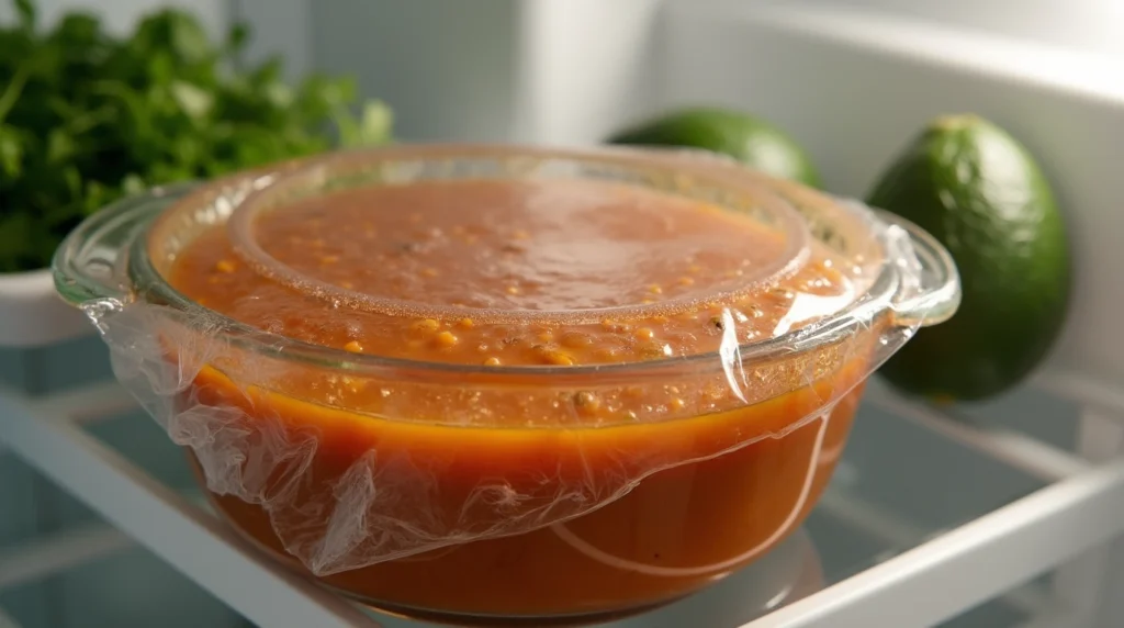 A bowl of taco soup frios chilling in the refrigerator, covered with plastic wrap.