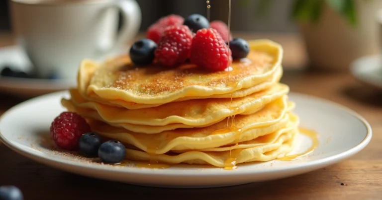 A stack of golden crepe recipe on a white plate, garnished with honey and fresh berries, placed on a wooden table with a cup of coffee in the background