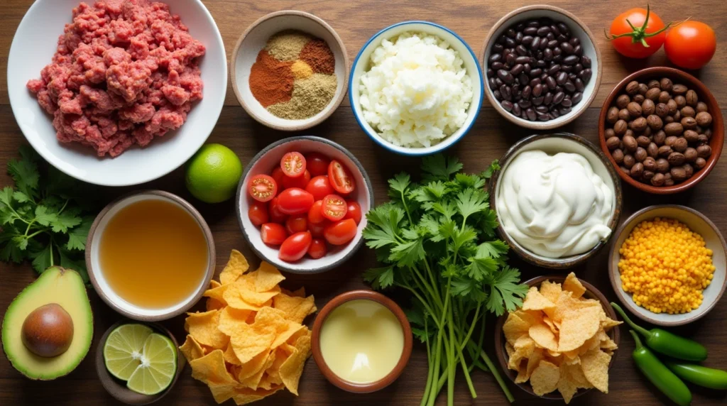 Fresh ingredients for taco soup frios, including ground beef, taco seasoning, vegetables, beans, cheese, and tortilla chips, arranged on a wooden countertop.