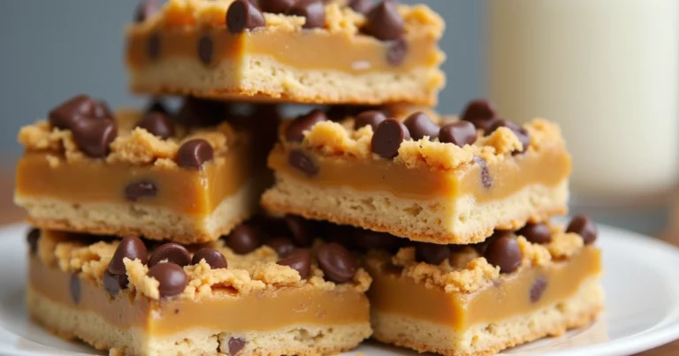 A stack of Knock You Naked Bars on a white plate, with gooey caramel and melted chocolate visible in the layers.