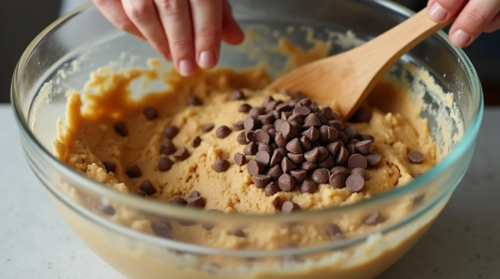 Hands mixing cookie dough with chocolate chips in a glass bowl, ready for baking