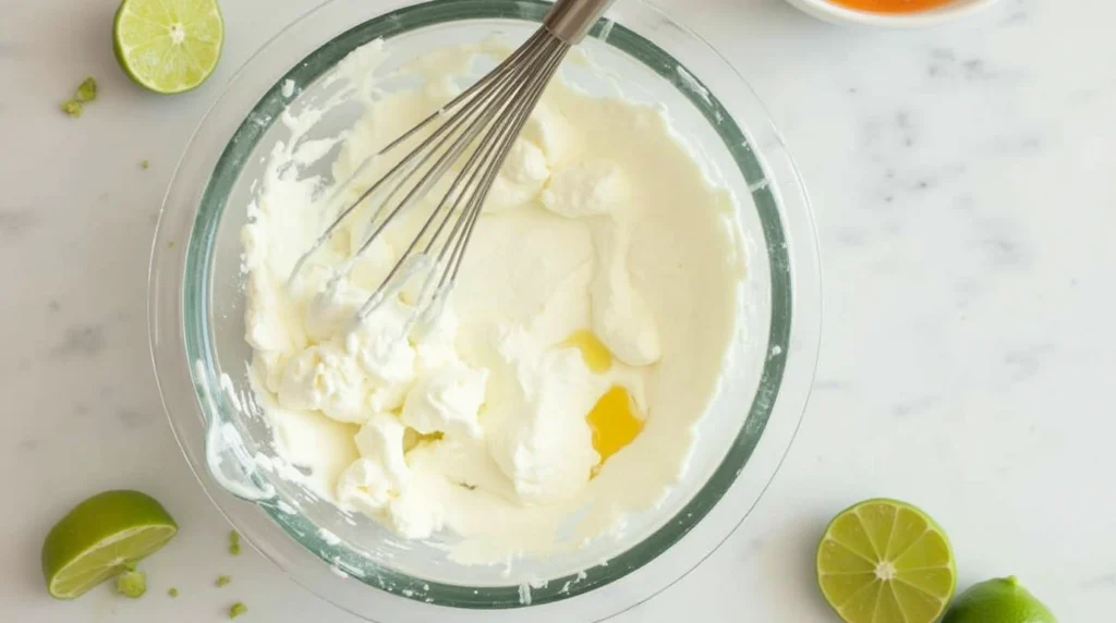  A bowl of creamy taco soup base made from sour cream and cream cheese, whisked to a smooth texture.