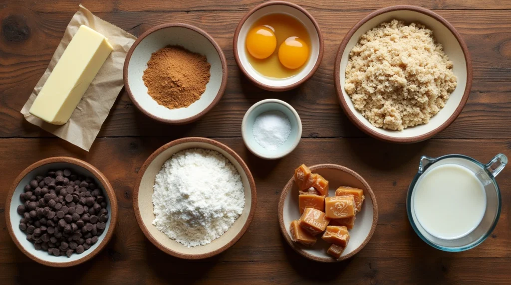 Top-down view of ingredients for Knock You Naked Bars, including butter, brown sugar, flour, eggs, vanilla extract, chocolate chips, and caramel candies, neatly arranged on a wooden counter.