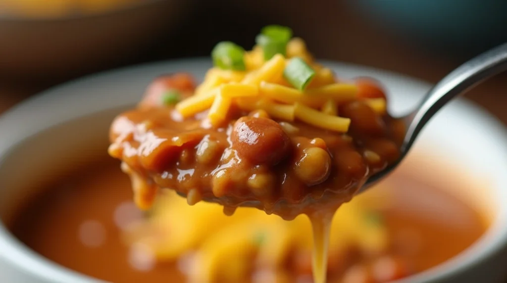 A spoonful of taco soup frios with a creamy texture, lifted from a bowl.