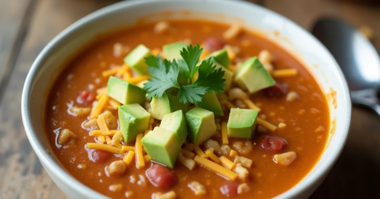 A bowl of chilled taco soup frios garnished with avocado, cheese, and tortilla chips, served on a rustic wooden table.