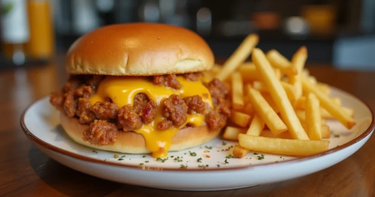 A plate of cheesy chicken sloppy joe served with crispy fries, garnished with fresh herbs, in a cozy kitchen setting.