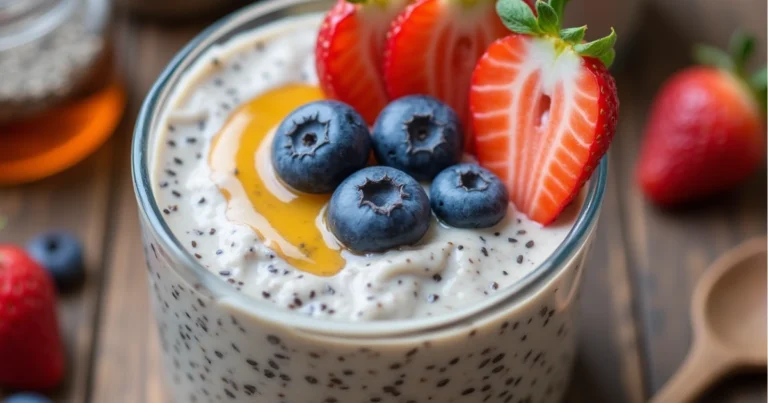 A bowl of blended chia pudding topped with fresh berries and honey, placed on a wooden table with chia seeds and honey nearby